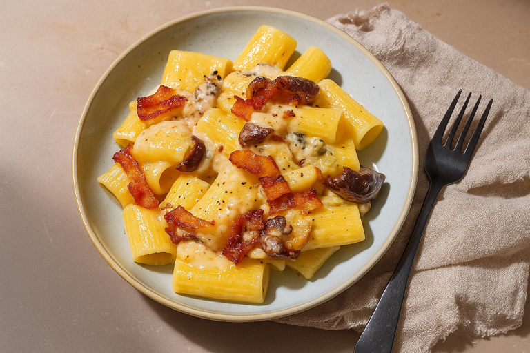 Paccheri con funghi porcini, guanciale e gorgonzola
