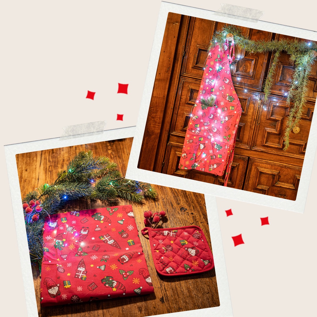 Progetto senza titolo – 9. Set Tovaglia + 2 presine + grembiule (fantasia rossa con gnomi): totale 8,97€