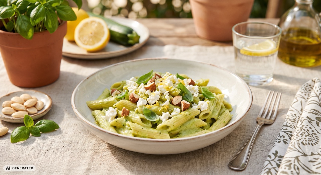 Penne rigate al pesto di zucchine con feta e mandorle